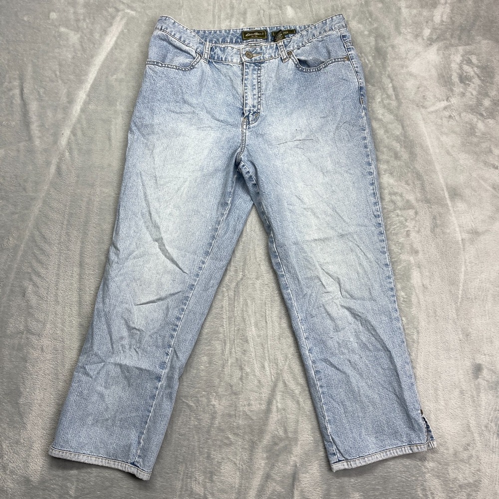 Eddie Bauer Jeans Womens 12 (32x25) Blue‎ Denim Stretch Ankle Slit Straight Leg